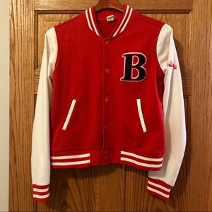Varsity style red and white sweatshirt jacket
